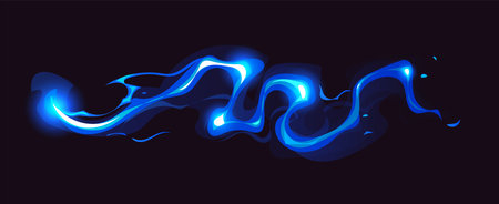 Magic light wave of power for wizard game vfx effect or cartoon glow, vector swirl trail. Magic wand spell power of blue line shine or sparkle of power wind flow or energy curved motion for gameのイラスト素材