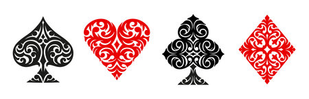 Casino poker card suit ornaments or gamble game card decks of clubs, hearts and diamonds or spades,...