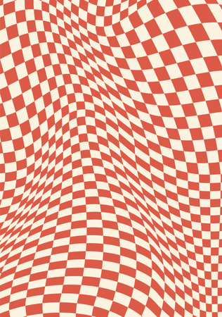 Vintage psychedelic red checkered wave groovy pattern or texture. Trippy groovy background, wavy line hippie vector pattern. Distorted spiral funky print or psychedelic Y2K backdropのイラスト素材
