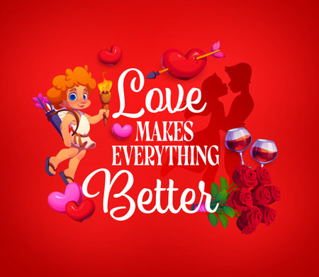 Love makes everything better, Valentine day greeting quote with cupid cherub, vector poster. Valentine day holiday love quote for greeting card with cupid angel, hearts and flowers and kissing coupleのイラスト素材