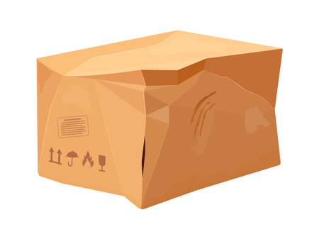 Crumpled and damaged cargo vector box with folds, dents, and torn area. Broken ripped parcel cardboard package with pressure marks, damaged corners and fading tape. Fragile warning, logistics problemsのイラスト素材