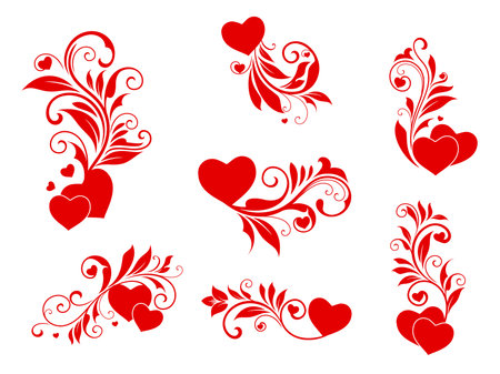 Heart flourish decorations of Valentine day or wedding floral ornaments, vector set. Red heart decoration with flourish leaves, petals and tendrils for Valentine holiday or wedding ornate frame designのイラスト素材