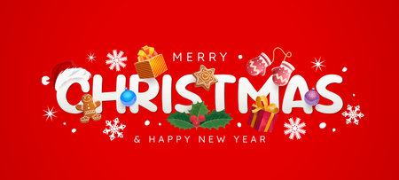 Christmas greeting card for winter holiday with decorations and Santa gifts, vector banner. Merry Christmas and Happy New Year greeting card with holly, knitted mittens and gingerbread man cookieのイラスト素材