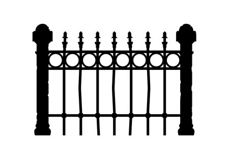 Halloween iron fence border silhouette. Scary metal vector palisade silhouette, park creepy iron border form. Halloween horror cemetery antique barrier or spooky graveyard forged fence shapeのイラスト素材