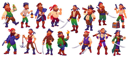Cartoon pirate captains and corsair sailors characters set with vintage costumes, hats, hook, guns and swords. Vector funny men and woman pirates characters, treasure chest, rum bottle, skull and axeのイラスト素材