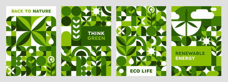Environment ecology posters with geometric green Bauhaus pattern. Nature saving Bauhaus artwork vector banner, Earth pollution abstract forms flyer. Ecology and green energy geometric shapes posterのイラスト素材