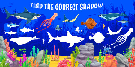 Find the correct shadow of underwater sea animals. Marine silhouette find quiz, shadow match kids game vector worksheet with shark, squid, tuna and flying fish, seahorse, flounder and seal animalのイラスト素材