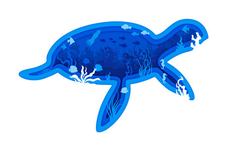 Paper cut turtle silhouette with sea underwater landscape and fishes, vector banner. Ocean undersea or sea underwater world with coral reef tropical fish, squid and seaweeds in paper cut turtle frameのイラスト素材
