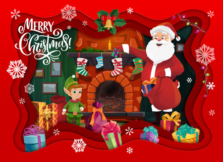 Funny Santa Claus and elf on merry Christmas paper cut greeting card. Cartoon 3d vector Xmas characters standing by a brick fireplace decorated with stockings, pine branches, holly, candles and giftsのイラスト素材