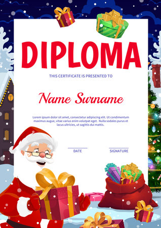 Christmas and winter holidays vertical diploma certificate with cartoon Santa Claus character and gifts under the falling snow at festive Xmas night town. Vector kids greeting certificate templateのイラスト素材