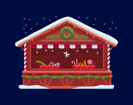 Christmas market booth with winter holiday treats or street bazaar kiosk stall, cartoon vector. Christmas market store booth or shop kiosk stand with candy canes and New Year confection sweetsのイラスト素材