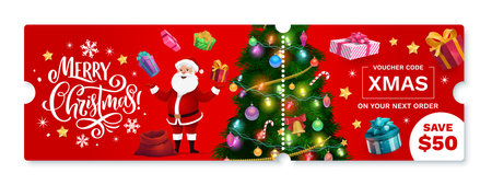 Christmas offer coupon with Santa character, festive tree, and Merry Christmas text. Vector voucher features discount promotion design with golden stars and holiday decorations. Seasonal shop salesのイラスト素材