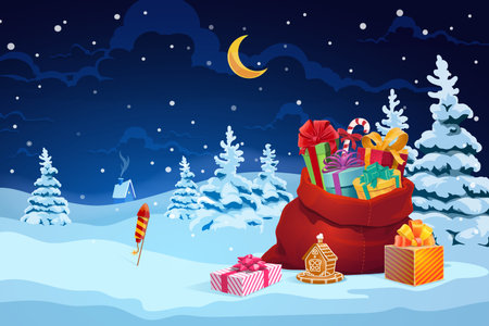 Merry Christmas greeting card with holiday gifts and bag on snow. Cartoon vector magical festive winter scene featuring gift boxes and Santa sack surrounded by trees under a night sky with snowflakesのイラスト素材
