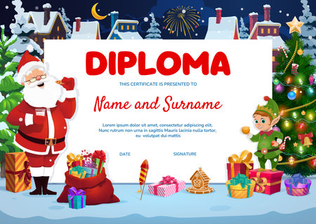 Christmas and New Year holidays kids diploma certificate with Santa drinking milk and eating cookie while elf holds orange. Vector certificate with gift boxes, decorated tree, and fireworksのイラスト素材