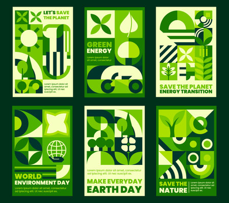Environment ecology posters with green geometric Bauhaus patterns. Ecology protection geometric vector card, nature day Bauhaus pattern banner. Clean environment poster or flyer with green shapesのイラスト素材