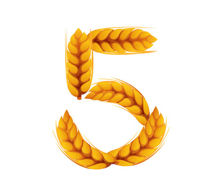 Cartoon golden wheat ears form number five math symbol. Vector agriculture typeface, farm font, harvest type, funny agricultural. Digit 5 with natural cereal grains, decorative rural mathematics signのイラスト素材