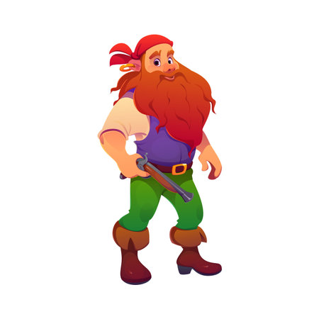 Cartoon pirate and corsair character with bushy beard holding pistol gun. Vector sea rover personage wearing red sailor bandana, green pants, vest and boots. Brave and funny medieval sea swashbucklerのイラスト素材