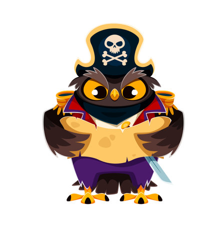 Owl cartoon bird animal pirate character. Wise owl corsair dressed in striped shirt, jacket and belt with sword, and holds old treasure map in wings, ready for nautical sea treasures hunt adventureのイラスト素材