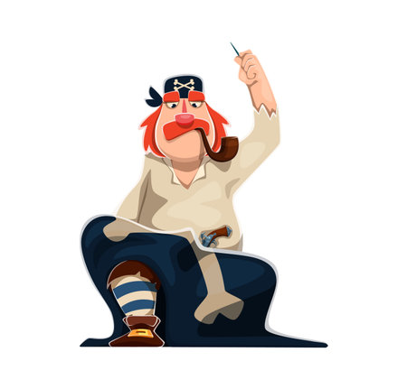 Cartoon pirate tailor or boatswain ship crew character sewing a black fabric crossbones sails with needle and thread. Vector sea master personage with traditional corsair clothing and smoking pipeのイラスト素材