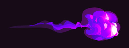 Cartoon magic purple smoke effect, fantasy cartoon explosion, glowing vfx cloud with magical fire. Vector wizard blast, power light, glow energy, spark, dust and boom, fight effect, trail or flareのイラスト素材