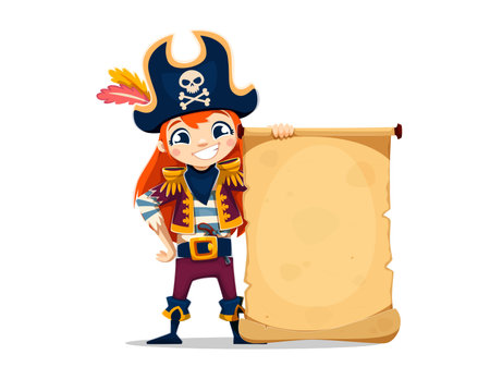 Funny kid girl pirate character holds old manuscript. Cute vector corsair girl personage in pirate uniform with golden shoulder pads and a feathered tricorn hat with skull. Funny pirate party kidのイラスト素材