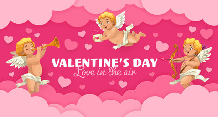 Paper cut valentines cherubs in sky clouds. Vector romantic greeting card or banner with 3d pink clouds frame and elegant script. Cheerful cupids floats with bow and arrow, love letter and trumpetのイラスト素材