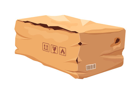 Crumpled damaged cargo delivery box with wrinkled sides, ripped surface patches and creased flaps. Vector broken ripped parcel cardboard package with crushed edges and punctures, damaged delivery boxのイラスト素材