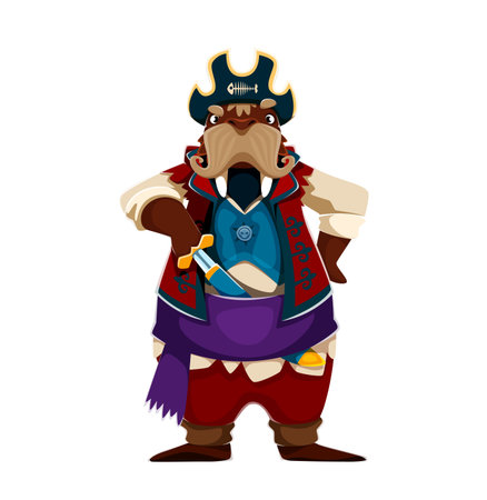 Walrus animal pirate captain or skipper character. Cartoon walrus corsair with large tusks, wearing a tricorn hat and vest, holds a short curved sword and has a serious faceのイラスト素材