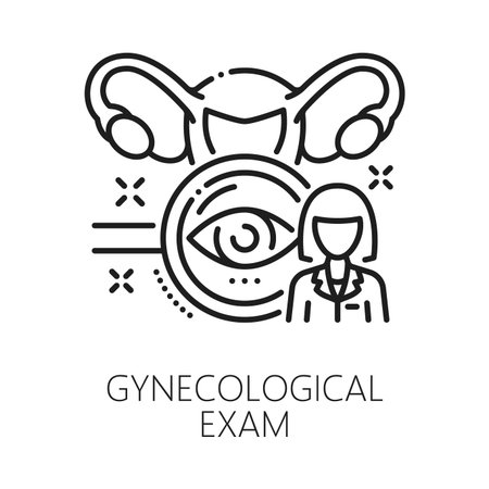 Gynecology examination, urinary medicine line icon. Gynecology and pregnancy symbol, woman reproductive health and fertility vector icon. Medicine pictogram with uterus, doctor or nurse characterのイラスト素材