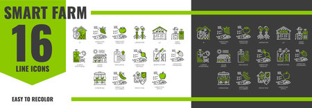 Robot smart farm technology line icons, agriculture industry. Vector signs of ai, harvesting crops, laboratory research, iot control and smart farmer. Climate monitoring, solar energy, and navigationのイラスト素材