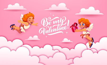 Paper cut Happy Valentine Day banner with love holiday cherub characters flying in pink sky clouds. Valentine Day vector greeting card with cartoon cute Cupids, gift box and paper cut clouds borderのイラスト素材