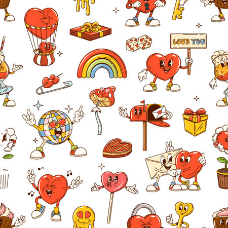 Groovy Valentine love characters seamless pattern. Cartoon retro hearts personages vector background with funny y2k Valentine Day love holiday gifts. Vintage groovy hearts, flowers and cakes patternのイラスト素材