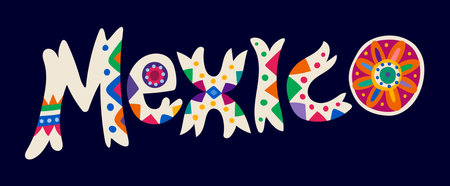 Mexican ethnic typography decoration or print. Latin American folk element, Mexico vector embroidery. Hispanic motif typography decoration with abstract ornate text, letters with ethnic patternのイラスト素材