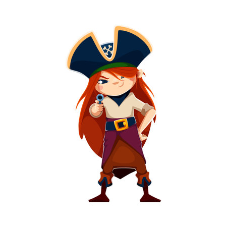 Cartoon kid girl in pirate costume. Funny vector character aiming a pistol with determination. Playful personage with red long hair for children storytelling, activity books, or treasure hunt gamesのイラスト素材