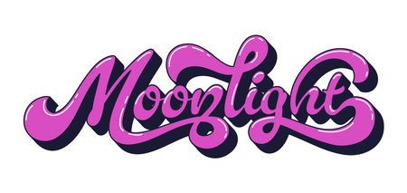Funky hippie vintage moonlight handwritten typography. Funky hippie motivational typography, retro handwritten vector phrase text. Groovy inspiring script or vintage glossy purple quoteのイラスト素材