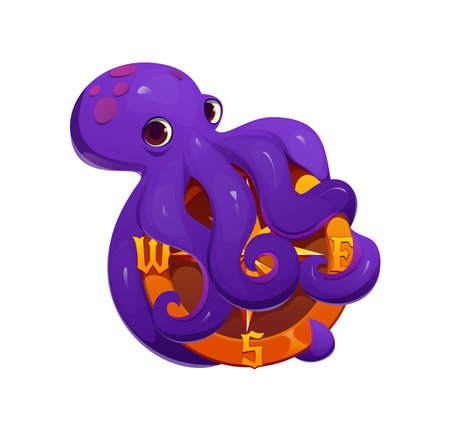 Pirate game asset icon of cartoon octopus on sailing compass, vector heraldry symbol. Octopus kraken with rose of winds compass in tentacles, Caribbean pirates adventure game element or heraldic iconのイラスト素材