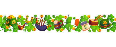 St Patrick shamrock clover border. Festive bordering with trefoil, gold coins, Irish flag, pot of gold, bagpipe, drum, hat or calendar. Cartoon vector element for seasonal celebration of Irish cultureのイラスト素材