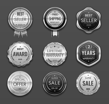 Silver award seals, best seller badges and labels, special offer medals with laurel wreaths and ribbons. Vector badges featuring silver medals for special offers, and business achievementsのイラスト素材