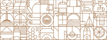 abstract geometric tea drink pattern with linear tea and coffee beverage, cups, kettles, machines, citrus or honey and leaves arranged in grid. Vector retro modern background for kitchen or cafe decorのイラスト素材