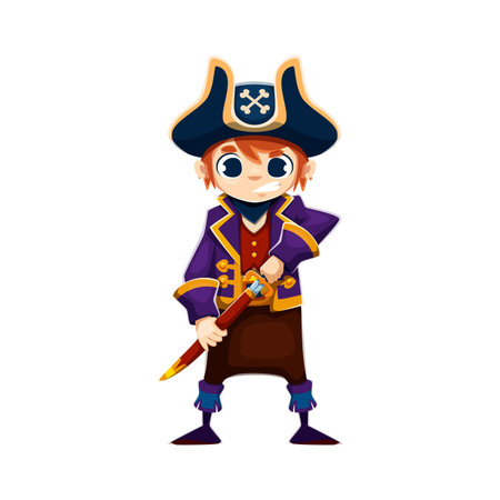 Cartoon kid pirate fighter funny character. A determined boy in a pirate costume, wielding a sword with a focused expression, ready for a playful duel. Funny vector boy in tricorn hat for pirate gamesのイラスト素材