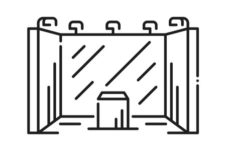 Exhibition advertising presentation stage stand display line icon or pictogram. Product presentation stand thin line symbol, exhibition stand display vector pictogram. Trade show promo light box iconのイラスト素材