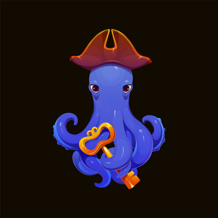 Game asset of cartoon pirate octopus character with tricorn hat metal key and curled tentacles. Vector pirate heraldry icon. Sea animal mascot in fantasy adventure with blue body and corsair hatのイラスト素材