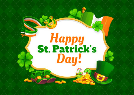 Happy St Patrick's day greeting card. Ireland spring holiday vector banner, greeting card. Saint Patrick day flyer with flag scarf, leprechaun hat and shoes, clover leaf, golden coins and horseshoeのイラスト素材
