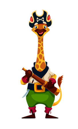 Giraffe animal pirate character dressed as a skipper with green pants, wide golden belt and dark navy vest and spyglass in his hands. Cute funny vector personage for kids partyのイラスト素材