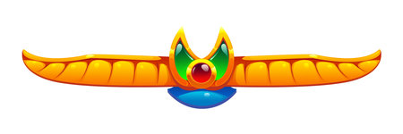 Ancient Egyptian divider vector frame and border. Winged scarab with orange feathers and glossy red gemstone surrounded by green enamel shapes. Ancient Egypt separator dividerのイラスト素材