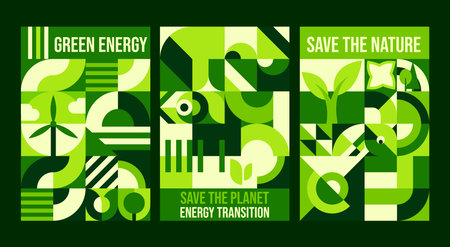 Save the nature posters with geometric bauhaus pattern. Environment pollution Bauhaus pattern vector card, planet Earth protection green artwork flyers. Sustainable ecology abstract forms postersのイラスト素材