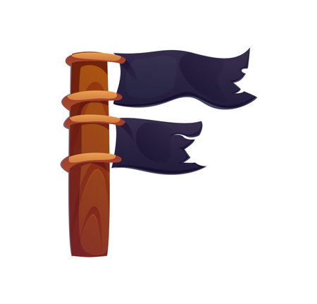 Cartoon pirate font with Caribbean corsairs typeface vector letter F. English piracy alphabet type designed as pirate ship mast with black flags flying. Cartoon pirate typography element for gamesのイラスト素材