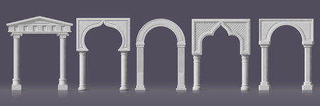Realistic palace arch white marble pillar gate or archway, vector 3d architecture set. Ancient roman...