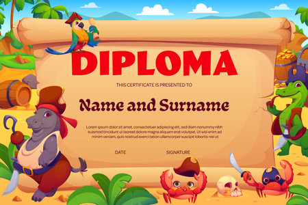 Kid diploma certificate with funny animal pirates and corsair characters on tropical island with beach scroll parchment background. Cartoon vector children award frame template with hippo or crocodileのイラスト素材