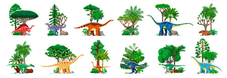 Cartoon funny prehistoric dinosaur characters, Jurassic lizards and reptiles, vector set. Prehistoric era dino species in jungle forest for kids dino atlas or paleontology animals encyclopediaのイラスト素材
